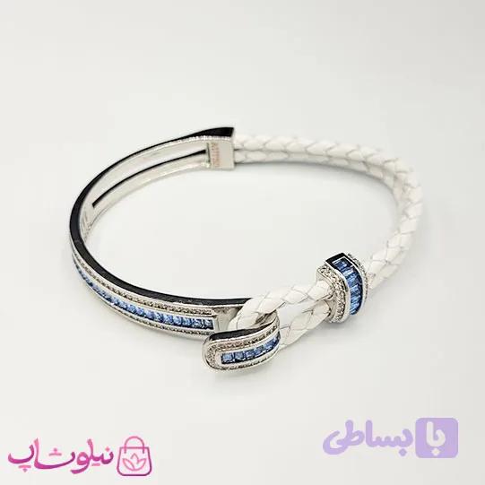 دستبند زنانه بولگاری مدل چرم استیل آبی سفید نقره ای کیفیت مستر کد 1600 — تصویر 1