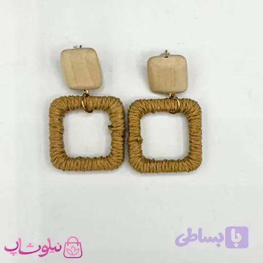 گوشواره فانتزی دخترانه کنفی طرح مربع قهوه ای رنگ کد 145