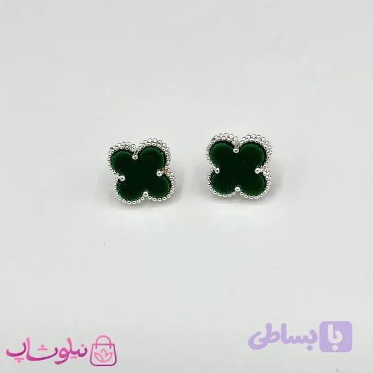 گوشواره ظریف دخترانه طرح ونکلیف یشمی آبکاری نقره کیفیت مستر کد 240