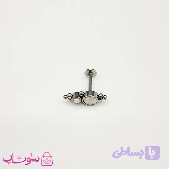 پیرسینگ گوش استیل نقره ای رنگ مدل سنگ رنگین کمانی کد 229