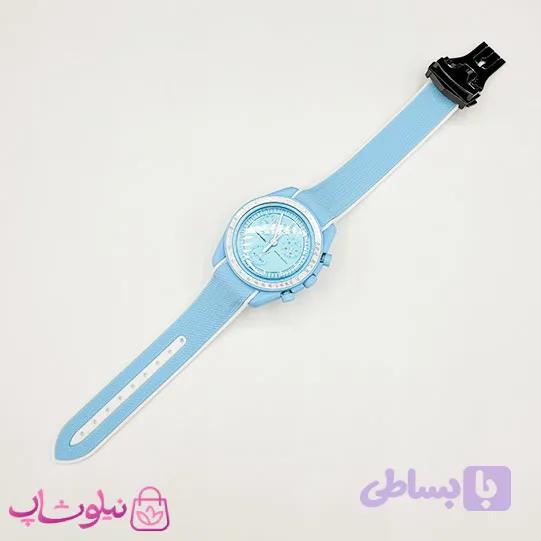 ساعت امگا سواچ moonswatch با بند رابر زنانه مردانه رنگ آبی سفید کیفیت مستر کد 3750 — تصویر 1