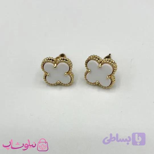 گوشواره میخی دخترانه سفید طرح ونکلیف آبکاری طلا کیفیت مستر کد 240
