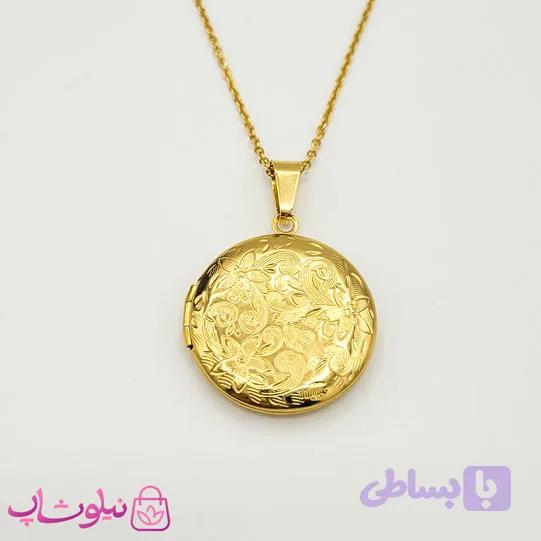 گردنبند لاکت دایره طرح گل طلایی کد 210 — تصویر 1
