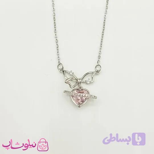 گردنبند دخترانه قلب زحل پروانه نقره ای با سنگ صورتی کد 1088