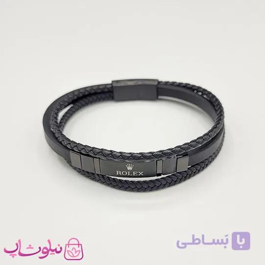 دستبند مردانه چرم استیل مدل رولکس رنگ طلایی مشکی کیفیت مستر کد 1150