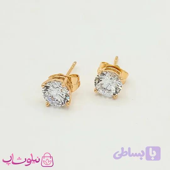 گوشواره دخترانه میخی ژوپینگ طلایی سفید کد 1691 — تصویر 1