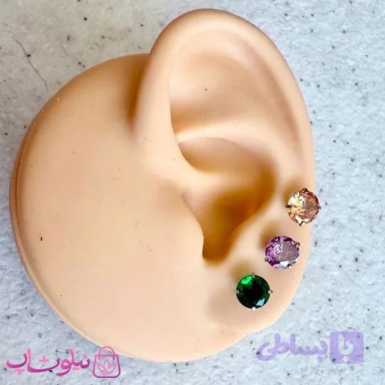 پیرسینگ گوش پایه نقره ای مدل دایره نگین رنگی کد 599 — تصویر 1