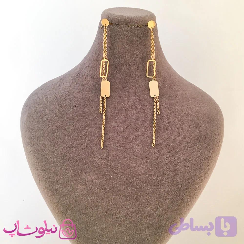 گوشواره زنانه آویز بلند استیل طلایی کد 1925 — تصویر 1