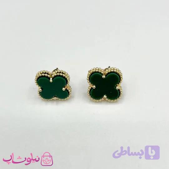 گوشواره میخی دخترانه سبز یشمی طرح ونکلیف آبکاری طلا کیفیت مستر کد 240