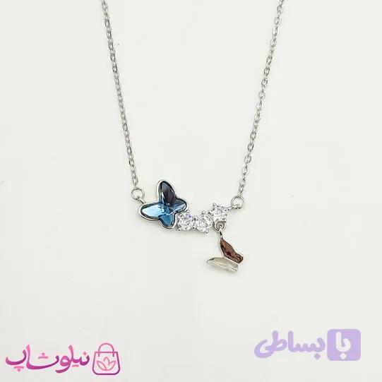 گردنبند نقره سواروسکی زنانه مدل پروانه با سنگ بلوکاپری کد 650 — تصویر 1