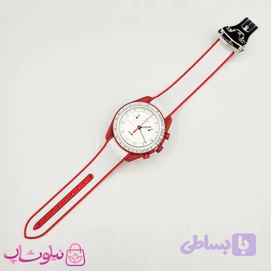 ساعت امگا سواچ moonswatch با بند رابر زنانه مردانه رنگ سفید قرمز کیفیت مستر کد 3750 — تصویر 1