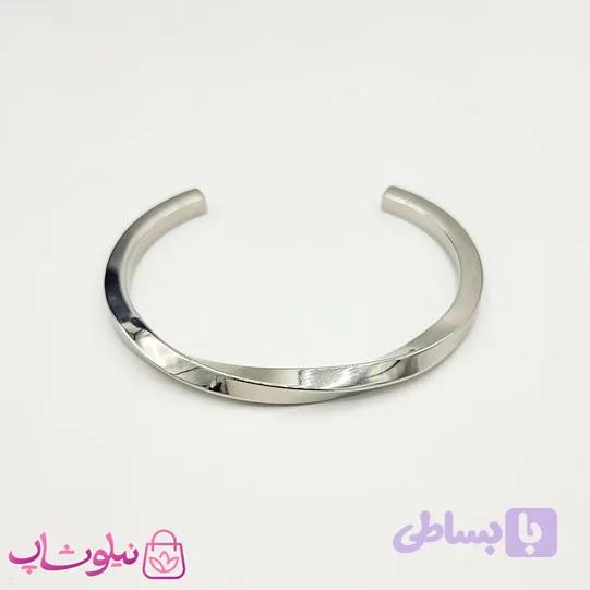 دستبند بنگل مردانه مدل پیچ استیل نقره ای کد 239 — تصویر 1