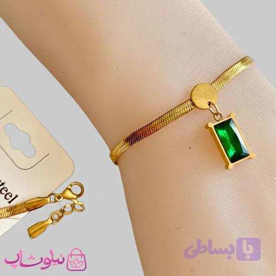 دستبند زنانه هرینگبون با آویز سبز مستطیل کد 1849