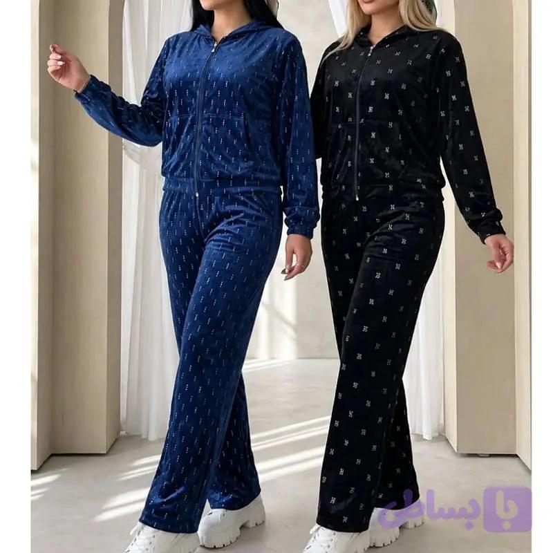 ست بلوزشلوار هودی کلاهدار مخمل گرم بالا نگینی وارداتی /کد20936 — تصویر 1