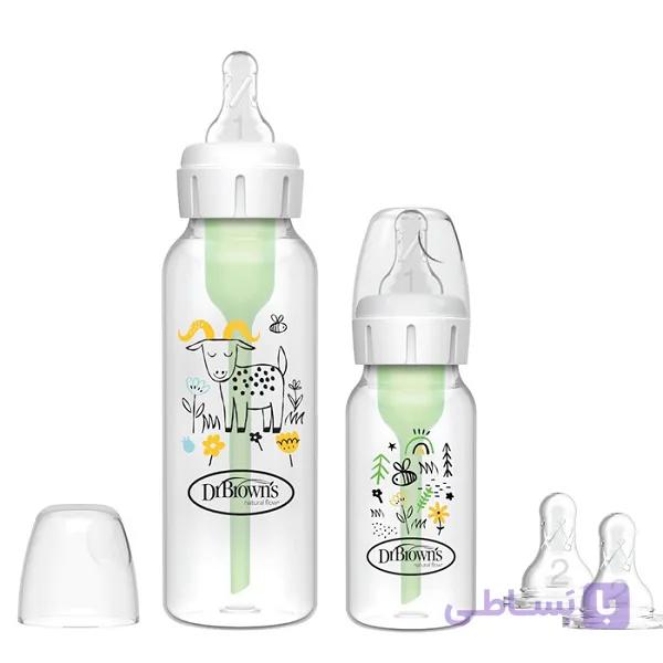 شیشه شیر طلقی 2 عددی باریک طرحدار 250 و 120میل دکتر براونز DR.BROWNS — تصویر 1
