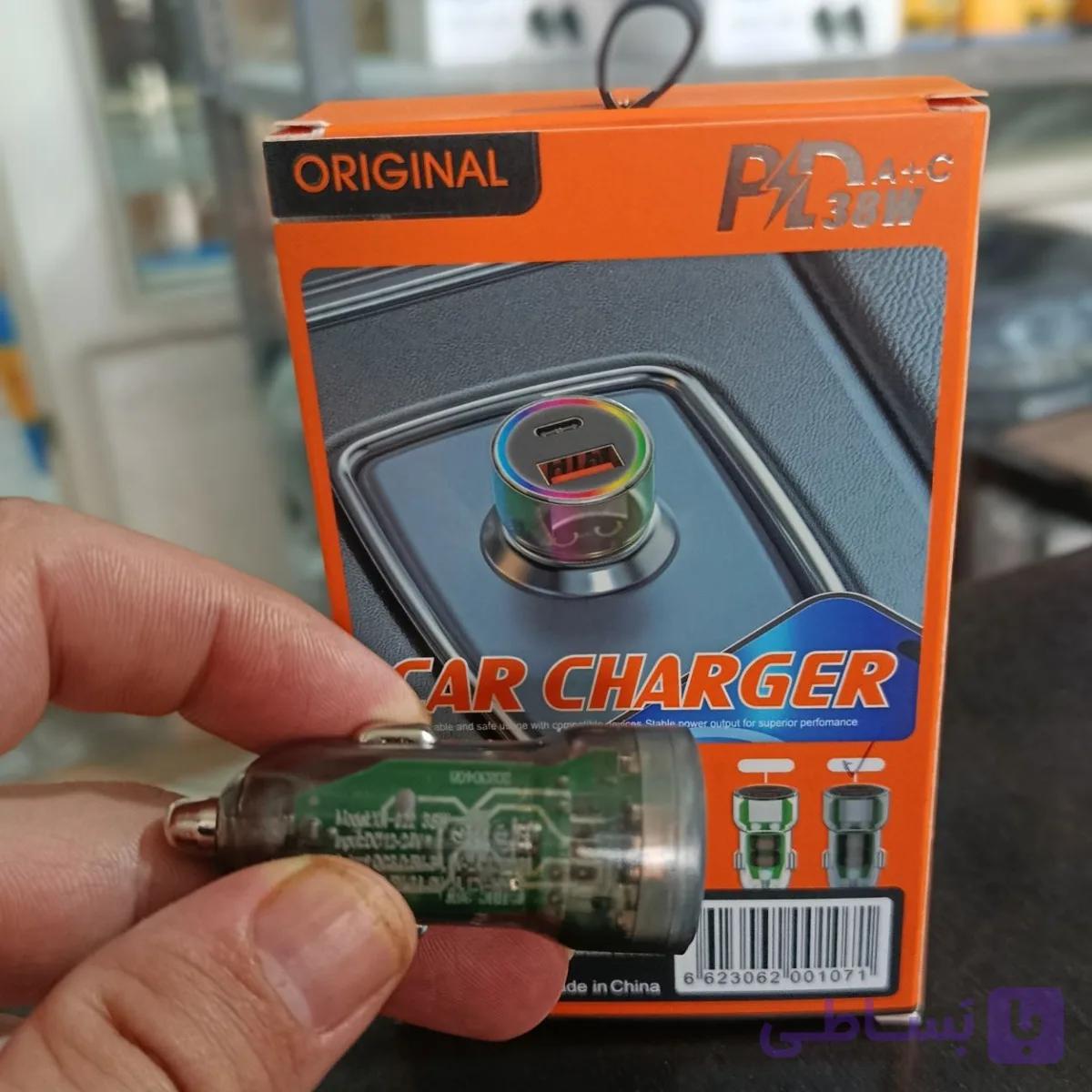 شارژر فندکی خودرو توان 38 وات فست شارژ با دو پورت USB و Type C
