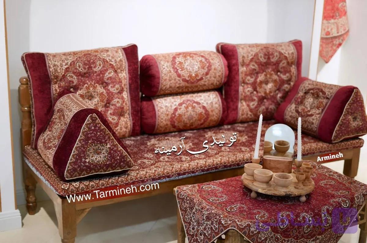 پشتی سنتی شاه نشین ترمه طرح ارکیده کنار مخمل پلاس – ست 7 تکه آلبالویی — تصویر 1