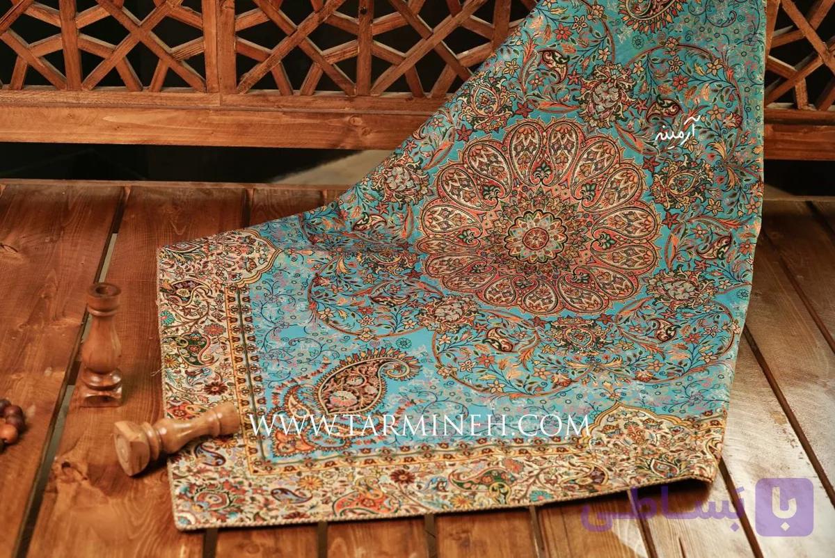 رومیزی مربع ترمه برند نگین خاتم طرح افشار رنگ آبی فیروزه ای