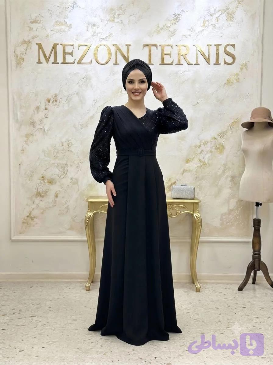 ماکسی مجلسی مشکی مدل کمربندی _ کد ۳۸۱