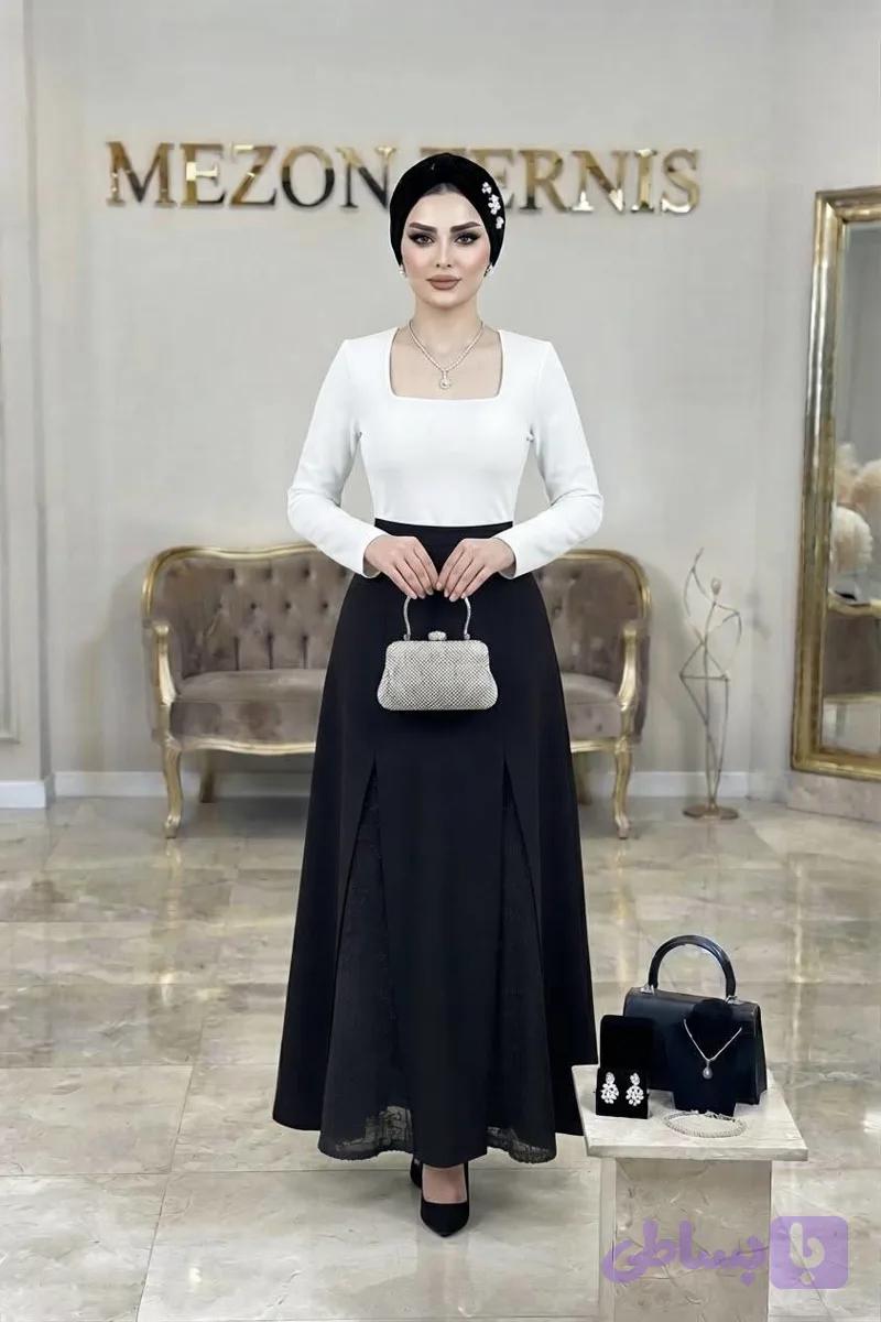 ​دامن مجلسی مشکی زنانه ترنیس با پنل زیردانتل_ کد ۱۴۵