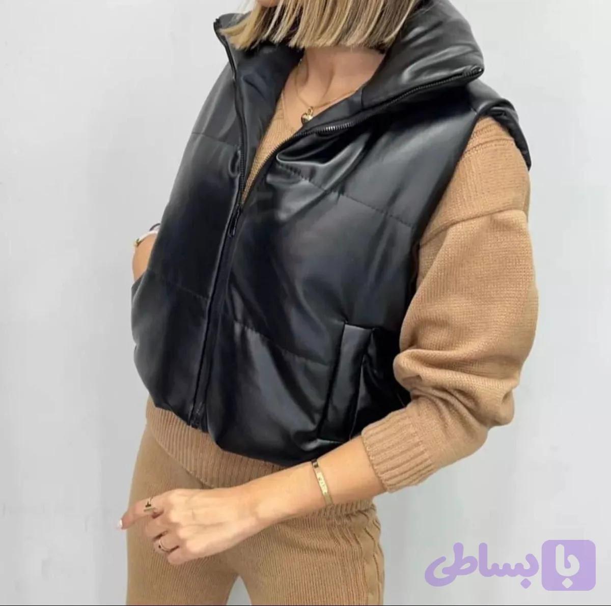 پافر کوتاه چرمی مشکی زنانه — تصویر 1