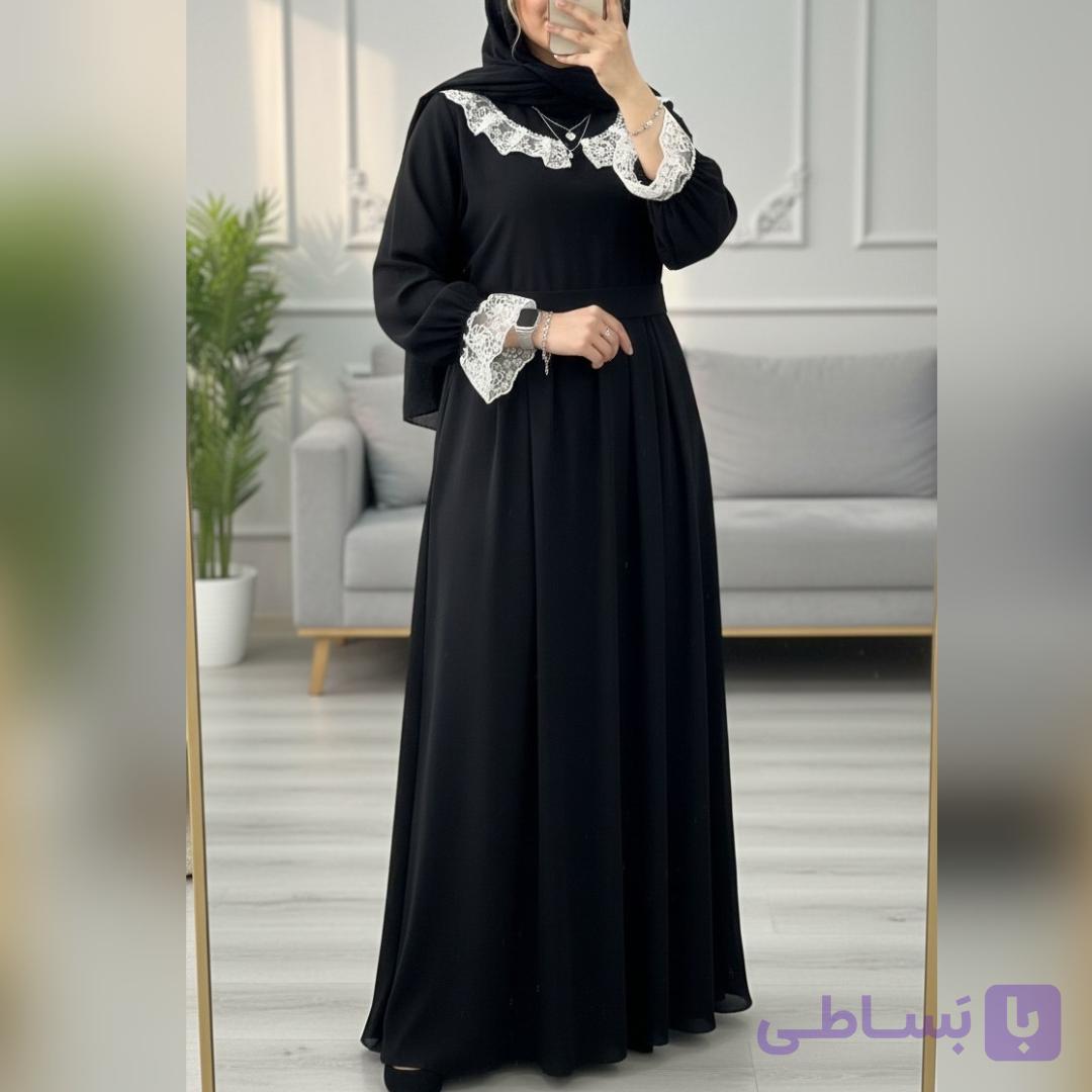 پیراهن مانتویی مشکی دخترانه و زنانه. فری سایز 38 تا 48. یقه گیپوری