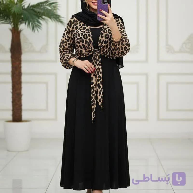 دوتیکه مجلسی پلنگی زنانه. شومیز گره ای. جنس کرپ_کراش. فری سایز تا 46.