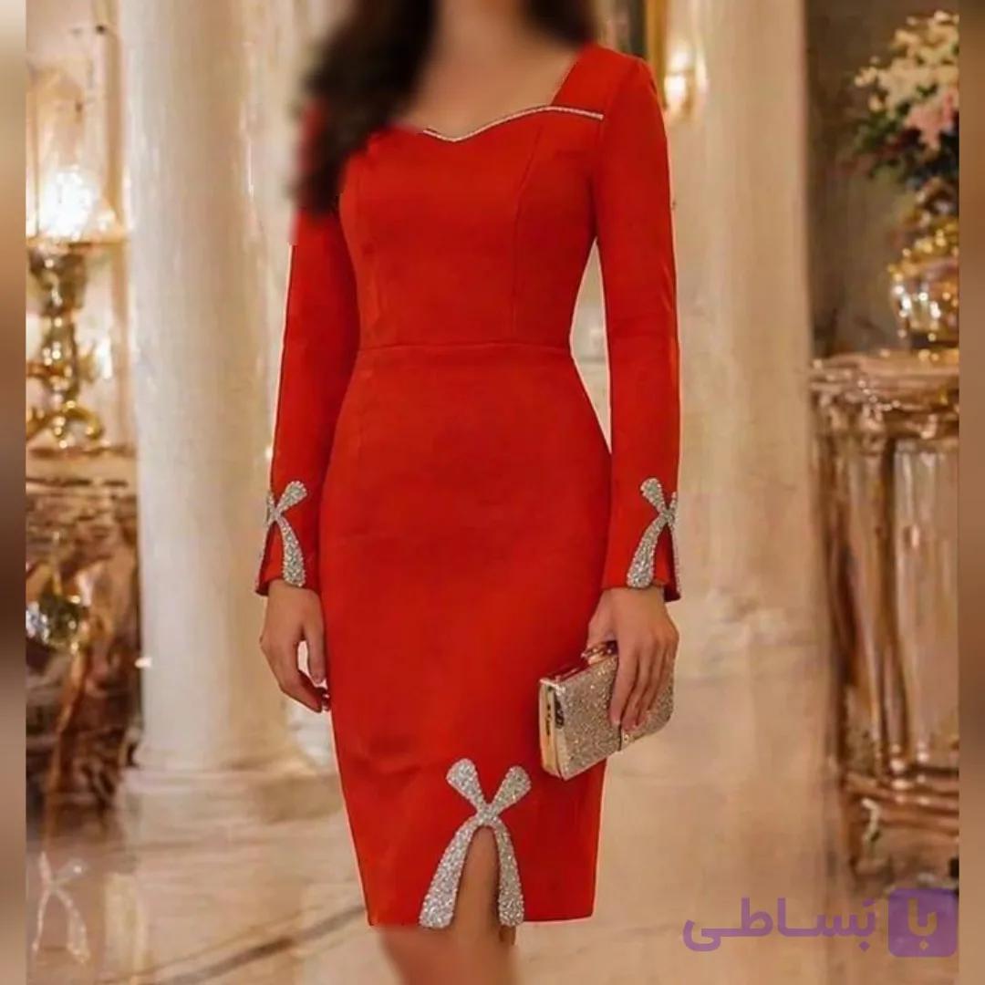 پیراهن میدی مجلسی کوتاه زنانه. 36 تا 46. جنس ساندویچی. گلبهی و قرمز