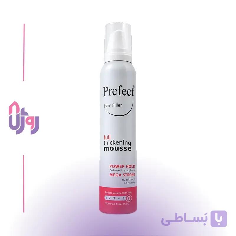 حالت‌دهنده مو پرفکت Prefect مدل موس حجم‌دهنده و حالت‌دهنده و پرکننده مو با قدرت نگهدارندگی 5 Hair Filler Full Thickening Mousse Strongحجم 200 میل — تصویر 1