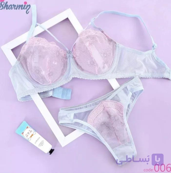ست سوتین وشورت توری زنانه ترکیب دورنگ آب و صورتی