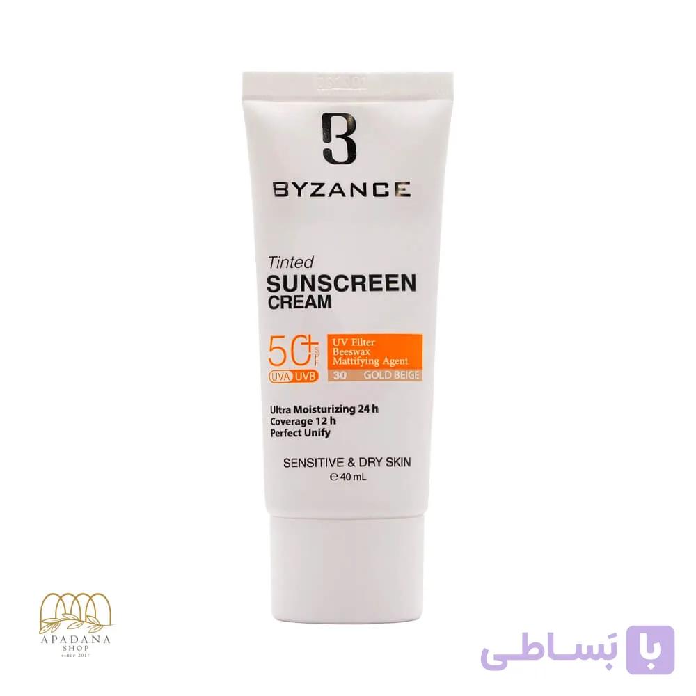 کرم ضد آفتاب رنگی بیزانس با +SPF50 مخصوص پوست خشک و حساس رنگ گلد بژ 30