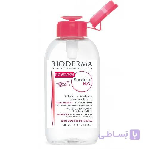 محلول پاک کننده آرایش صورت و دور چشم بایودرما سن سبیو H2O حجم 500 میل پمپی — تصویر 1