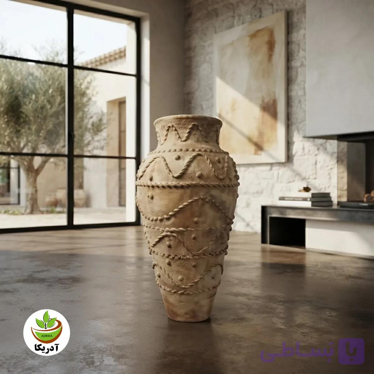 کوزه سفالی خمره ای پتینه نقش برجسته
