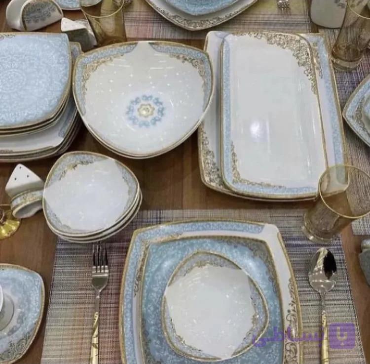 سرویس چینی غذا خوری ۱۲ نفره پردیس طرح دنیا فیروزه
