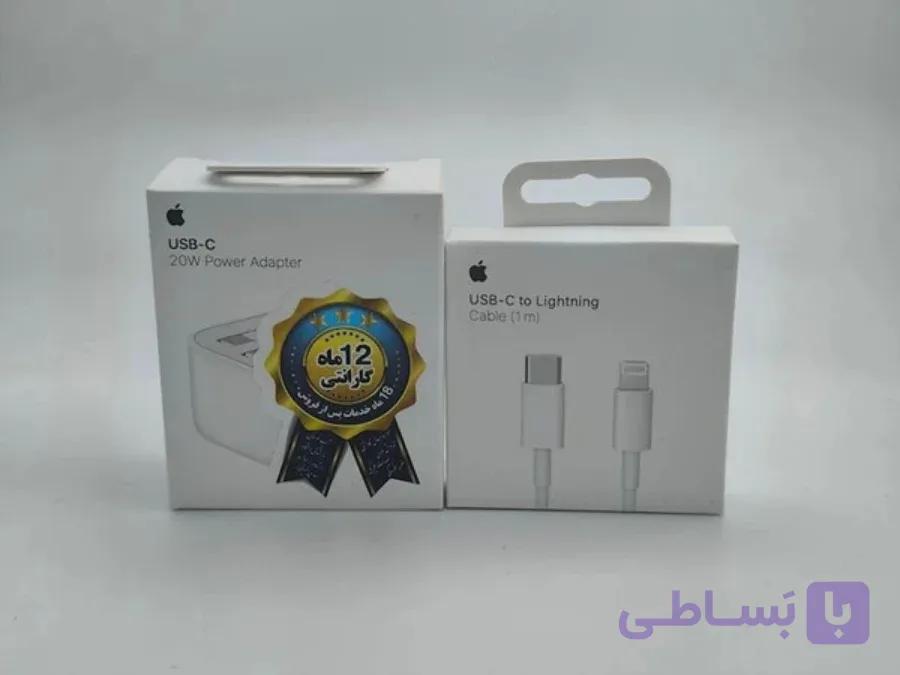 شارژر اپل 20 وات سه پین همراه کابل اصل+گارانتی شرکتی طلایی یک ساله+محافظ کابل هدیه — تصویر 1