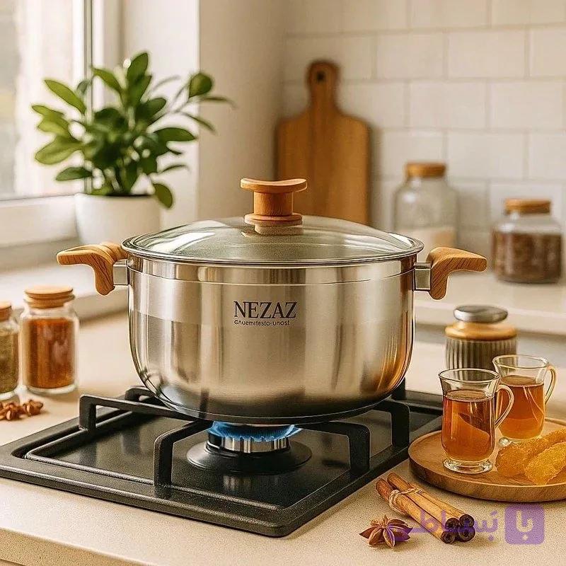 تابه تک نزاز NEZAZ استیل سایز 20 دسته چوب کف چدن کد 1020 — تصویر 1