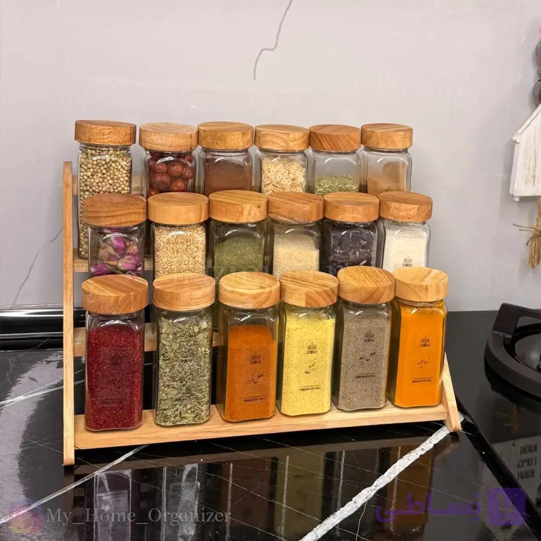 استند جا ادویه چوبی ۱۸ عددی با شیشه درب چوبی — تصویر 1