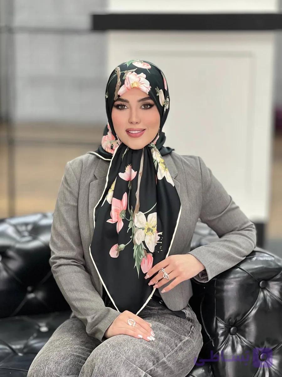 روسری ابریشم ساتن سایز 110 کد353 دست دوز — تصویر 1