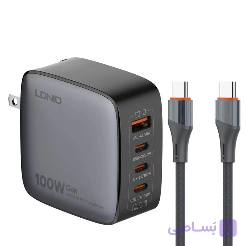 شارژر دیواری ۱۰۰ وات ۴ پورت الدینیو مدل Q408 به همراه کابل USB-C
