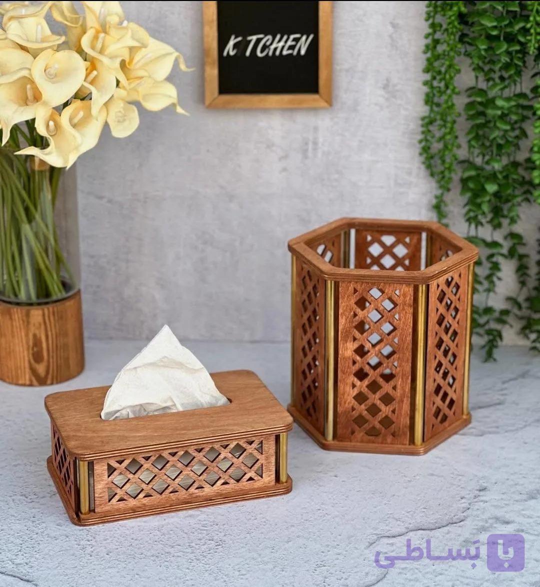 ست سطل زباله و باکس دستمال چوبی