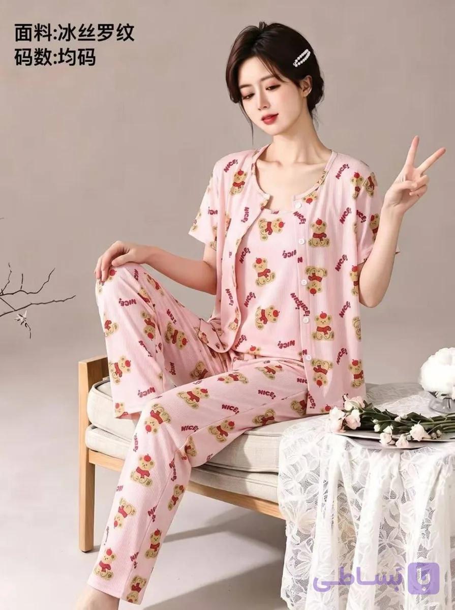 ست سه تیکه راحتی بلوز و تاپ و شلوار پنبه کبریتی دخترانه و زنانه کد 2685