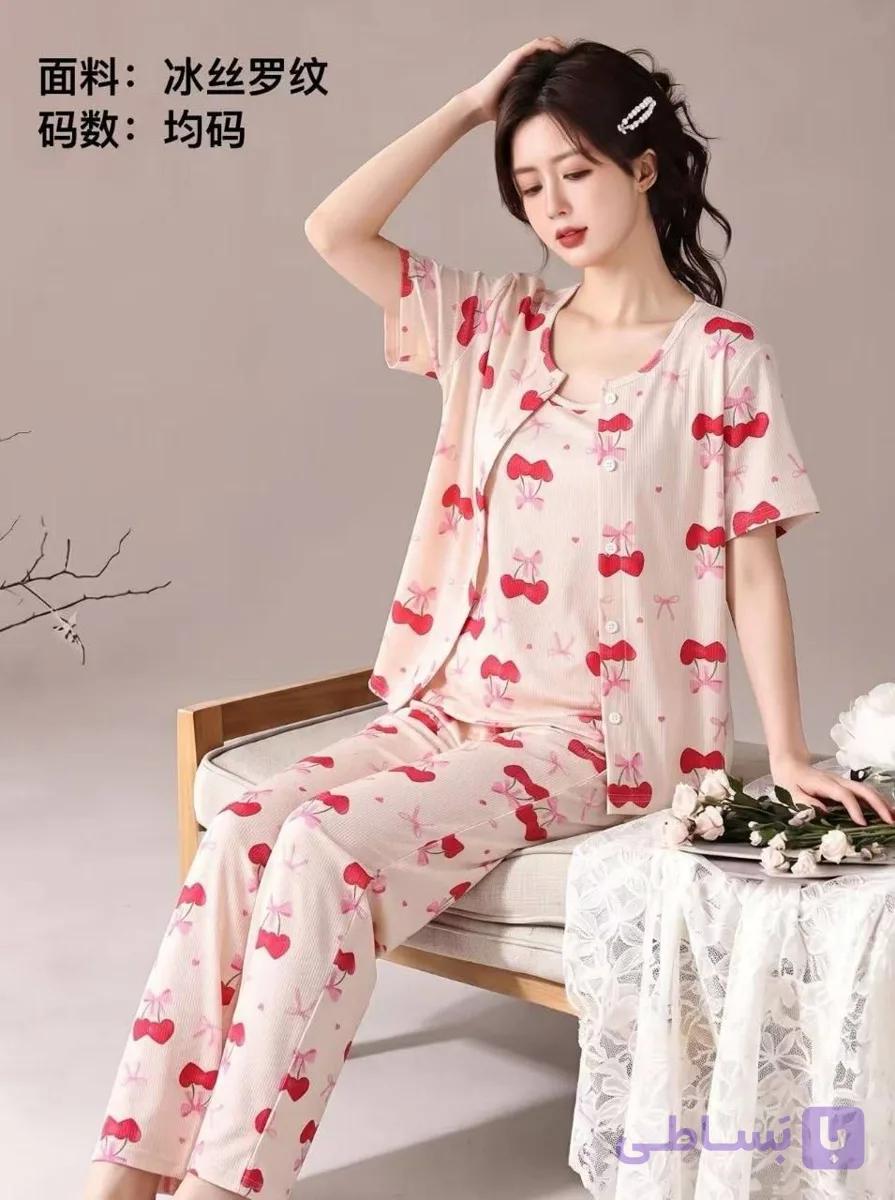ست سه تیکه راحتی بلوز و تاپ و شلوار پنبه کبریتی دخترانه و زنانه کد 2687