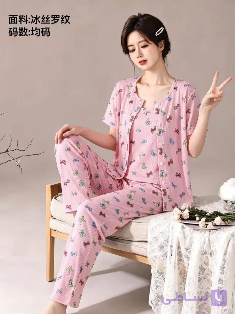 ست سه تیکه راحتی بلوز و تاپ و شلوار پنبه کبریتی دخترانه و زنانه کد2686