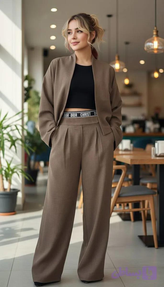 ست زنانه دو تیکه کراپ و شلوار مزونی مازراتی نیهان