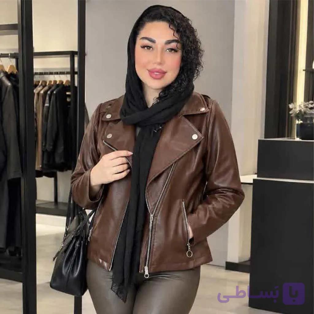 کت کراپ چرم زنانه رنگ قهوه‌ای — تصویر 1