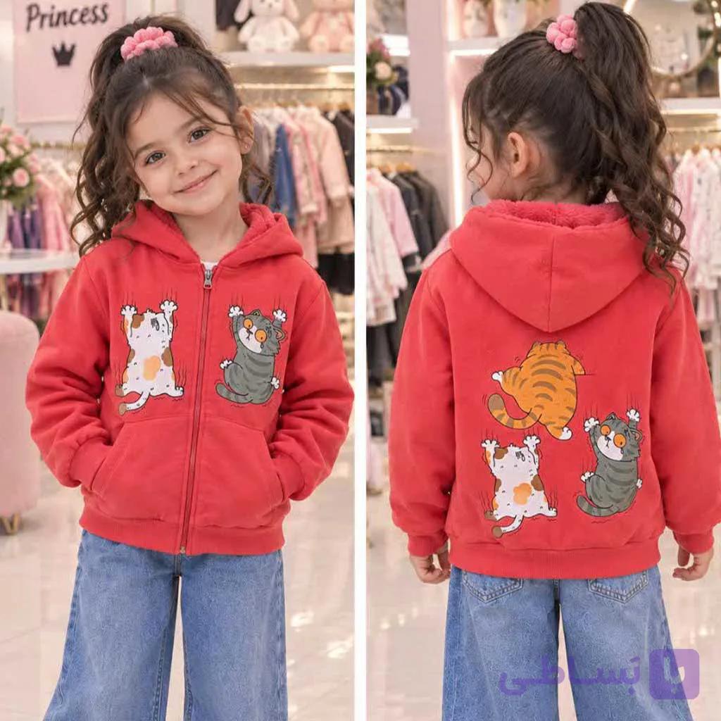 سویشرت دو رو داخل خز بچگانه طرح گربه رنگ گلبهی — تصویر 1