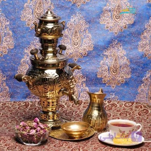 خرید سرویس سماور زغالی برنجی ۱ لیتری طرح هخامنشی ورق ضخیم | هنرظریف