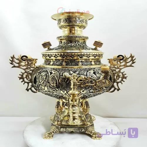 خرید و قیمت سماور برنجی زغالی ۸ لیتری، مدل عدسی، پایه ستوندار قلمزنی شمسه و سیاه قلم بزم و رزم - هنرظریف