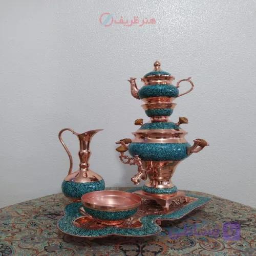 سماور فیروزه کوبی مسی - قیمت و خرید سرویس 5 تکه سماور مسی فیروزه کوبی دست ساز - هنرظریف