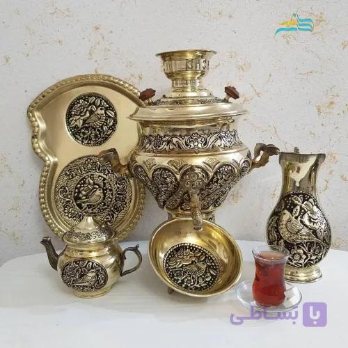 خرید سرویس سماور زغالی برنجی ۶ لیتری طرح گل و مرغ لبه ریخته | هنرظریف